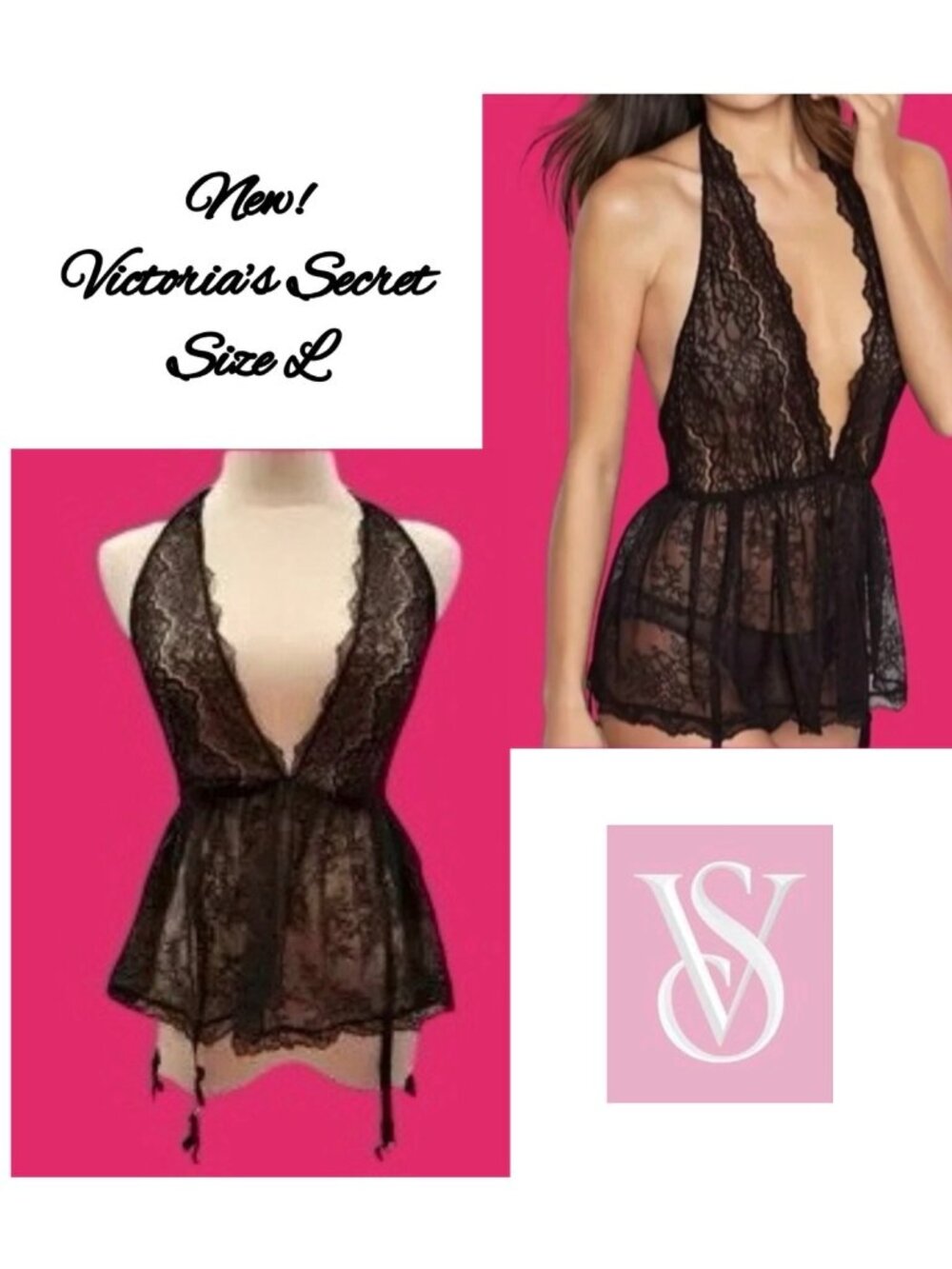 Victoria's Secret black lace halter babydoll lingerie w/garter straps - New! Lg